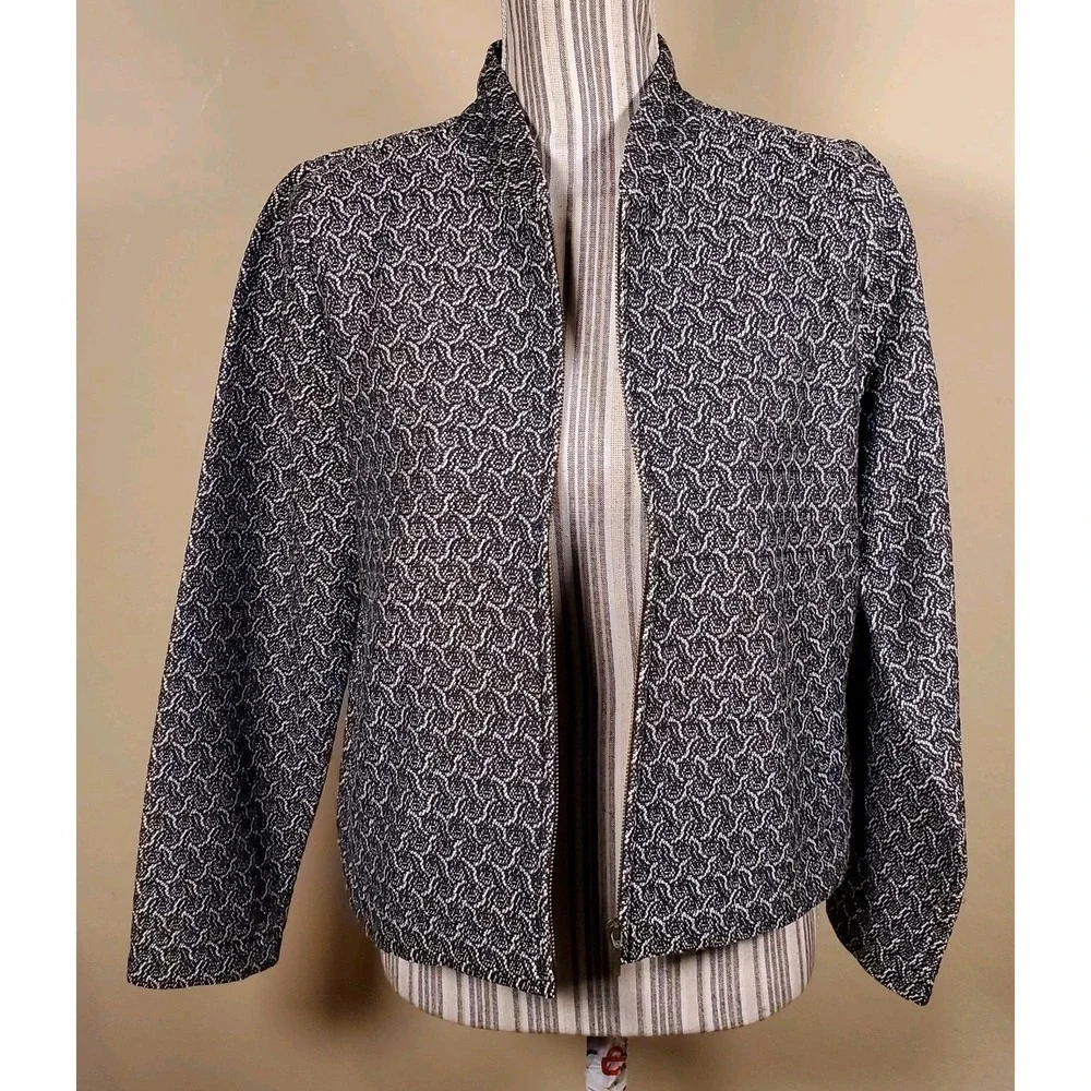 Eileen‎ Fisher Black  White cotton jacket Jacquard Full Zip Jacket Petite Small